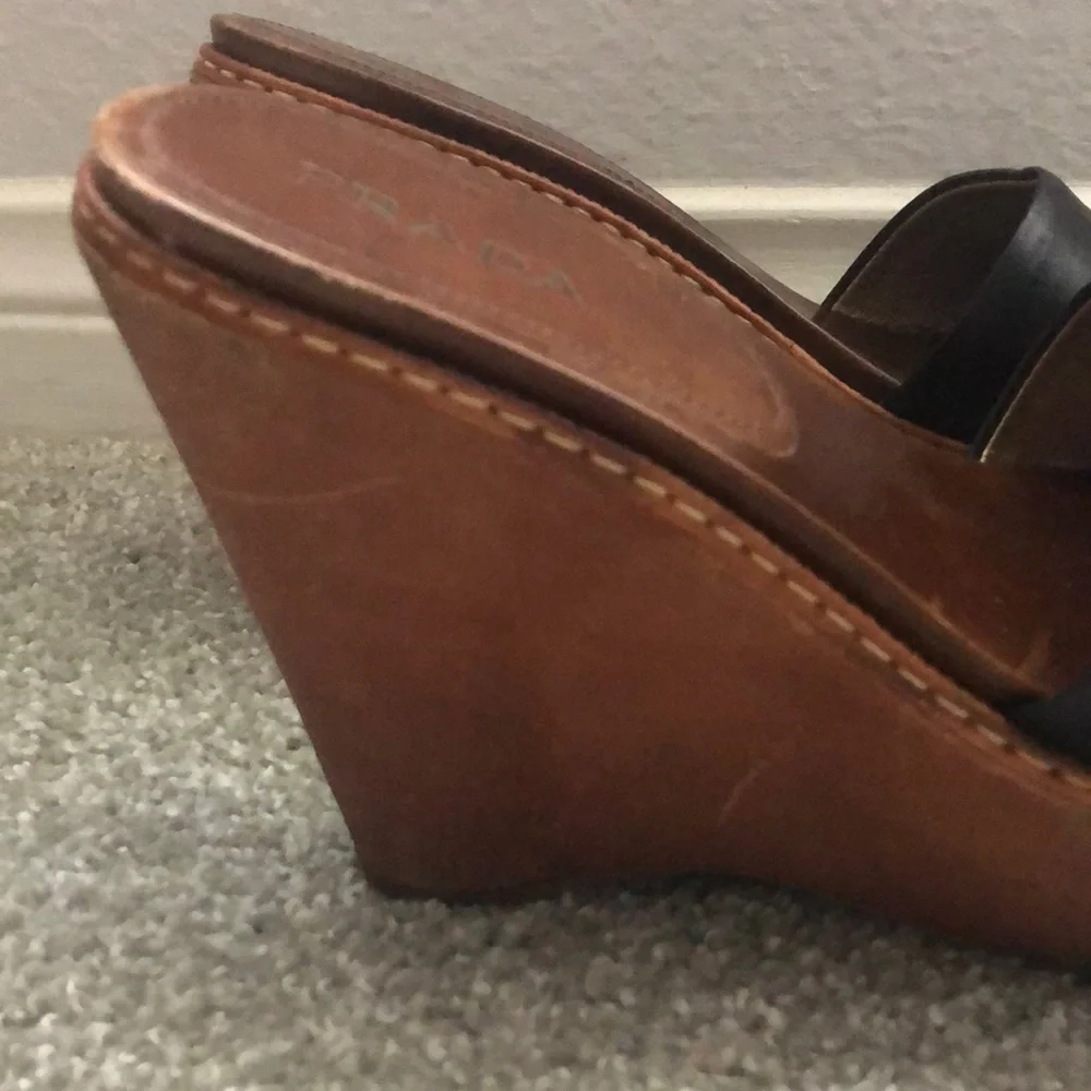 Prada Black Leather and Brown Wood Wedge Sandals - Picture 6 of 7
